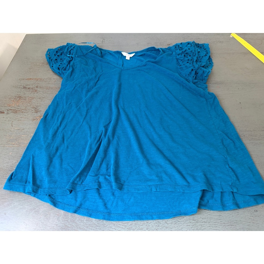 Terra & Sky Womens Plus 1X Teal Blue Eyelet Flutter Sleeve V-Neck T-Shirt Top